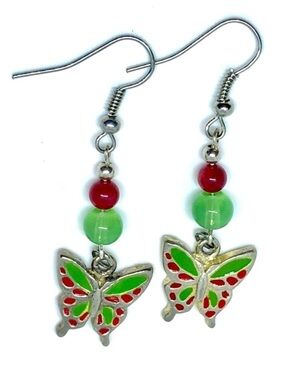 Red Green Enamel Butterfly Charm Jade Glass Red Agate Silver Tone Earrings NWT